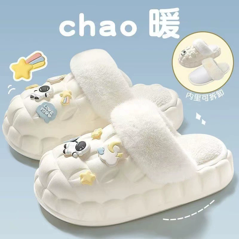 Мультяшные новые непромокаемые хлопковые тапочки, женская верхняя одежда, ощущение дерьма, пушистые тапочки с толстой подошвой, милые хлопчатобумажные туфли с закрытым носком на флисовой подкладке, мужские туфли