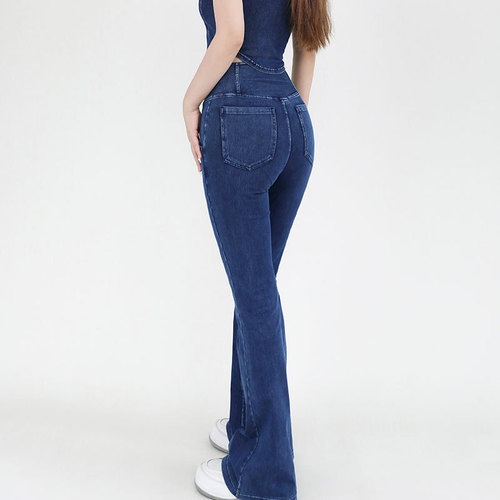 Spring and summer new cross-waist denim yoga bell-bottom pants for women, high-elastic hip-lifting double-pocket sports outer fitness pants