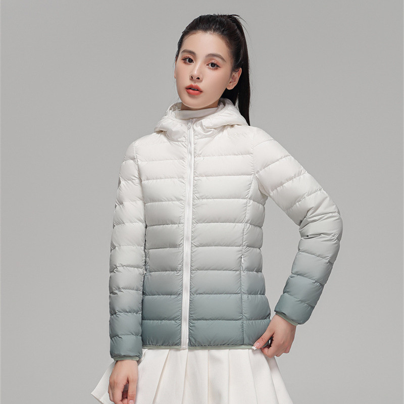 Transfronterizo Tik Tok otoño y invierno nuevo 90 camisa de plumón ligera cuello con capuchón de color gradiente de gran tamaño blanco