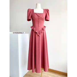 2024夏季新款红色复古连衣裙女轻熟风港味复古高级感气质收腰长裙