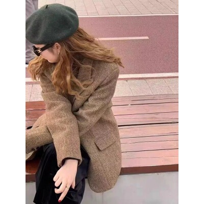 Coffee color small suit coat for women's autumn and winter new small casual Korean retro herringbone top