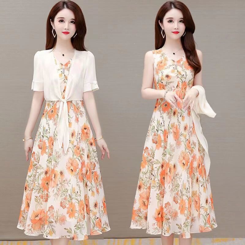 Nuanfenglai Single/Packaged Set High-End Dress New Chiffon Jacket Slimming Fashion Age-Reducing Cardigan Printed Vest