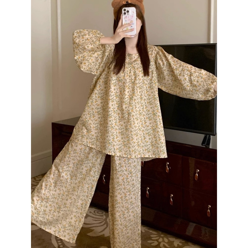 復古碎花睡衣女春秋季新款甜美學生慵懶風圓領長袖寬鬆家居服套裝