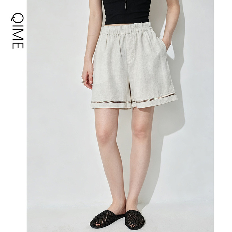 Qianmeina Fashionable Linen Casual Shorts for Women with Elastic Waist, Slimming, Simple Style, Summer High-End Loose Pants Qianmeina Fashionable Linen Casual Shorts for Women with Elastic Waist, Slimming, Simple Style, Summer High-End Loose Pants