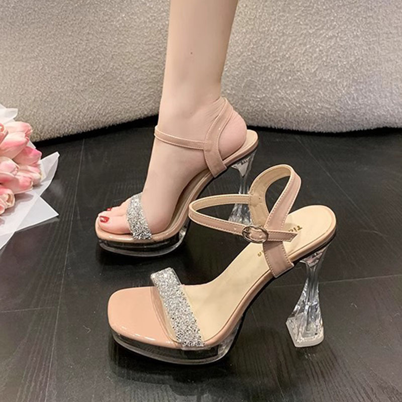 9 センチメートル厚いヒールサンダル女性の夏の新しいオープントゥ透明厚いヒール防水プラットフォームラインストーンファッションハイヒール|undefined