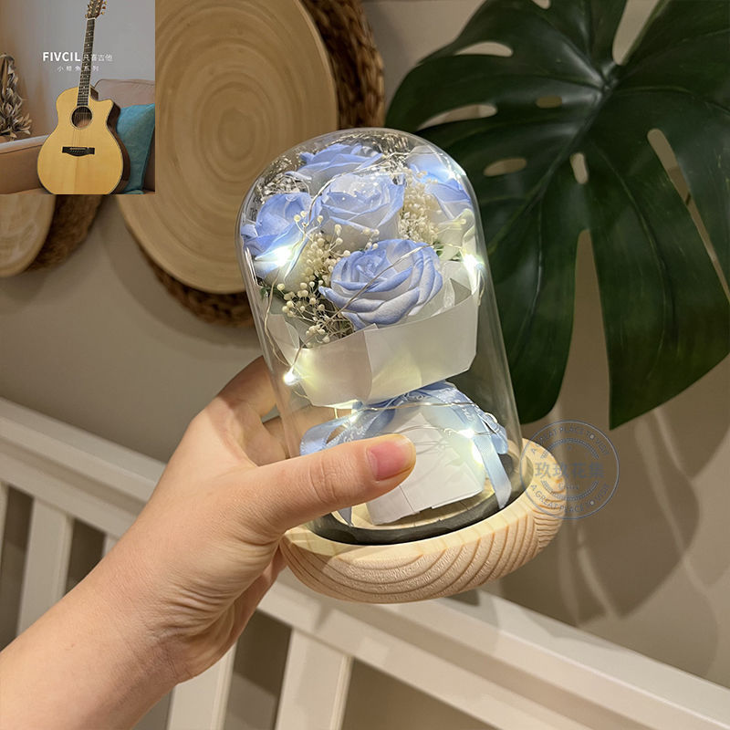 [훌륭한 선물] Biying - 으아이스 블루 장미 5개 - 선물 가방 + 축하 카드 + 배터리 [완제품 배송]