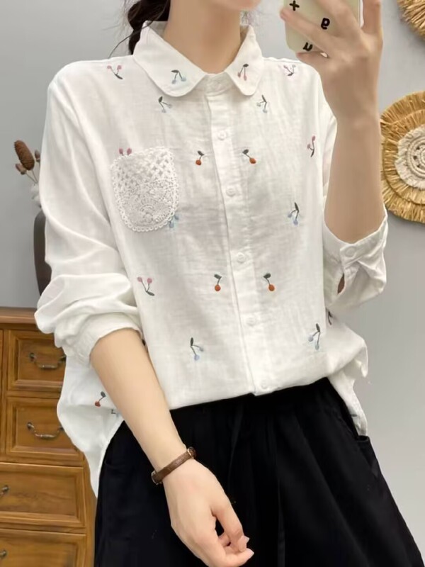 高端刺绣长袖衬衫女25文艺小清新甜美圆领蕾丝口袋百搭双层纱衬衣|undefined