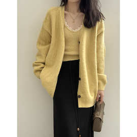 若白 慵懒风纯色花边针织开衫女秋季气质毛衣背心上衣两件套P2011