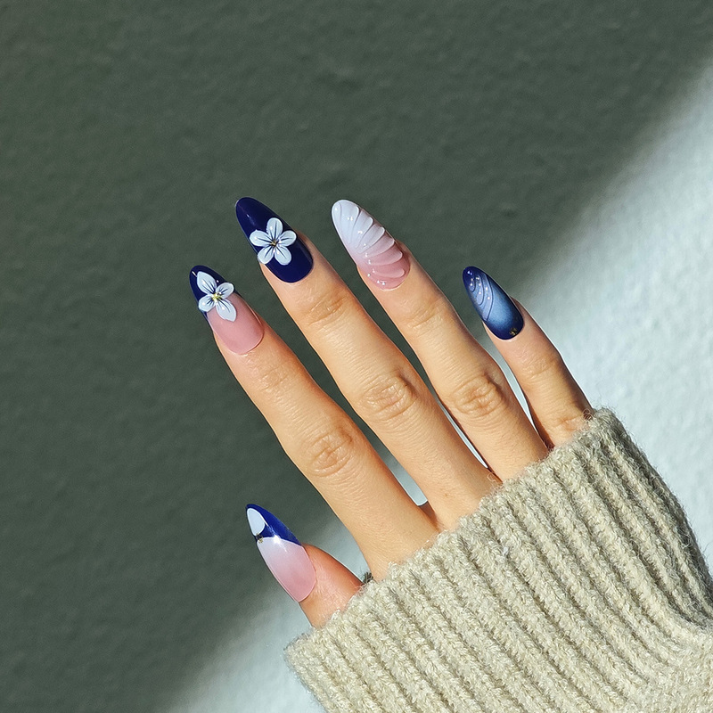 Nail Pieces Water Drop Almond Type Nail Pieces Foreign Trade Fake Nails Flower Glue Three-Dimensional Removable Blue New Wholesale
