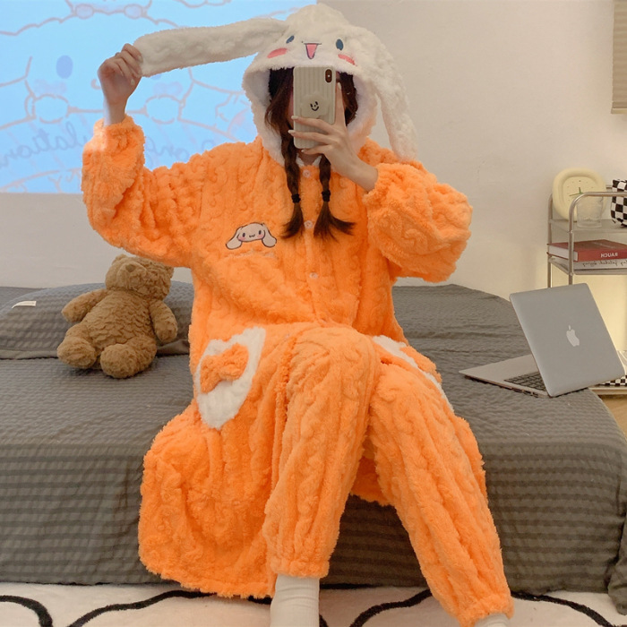 2024 pijamas de otoño e invierno camisón de franela para niñas engrosado forro polar de coral con capucha lindo traje de homewear image 9