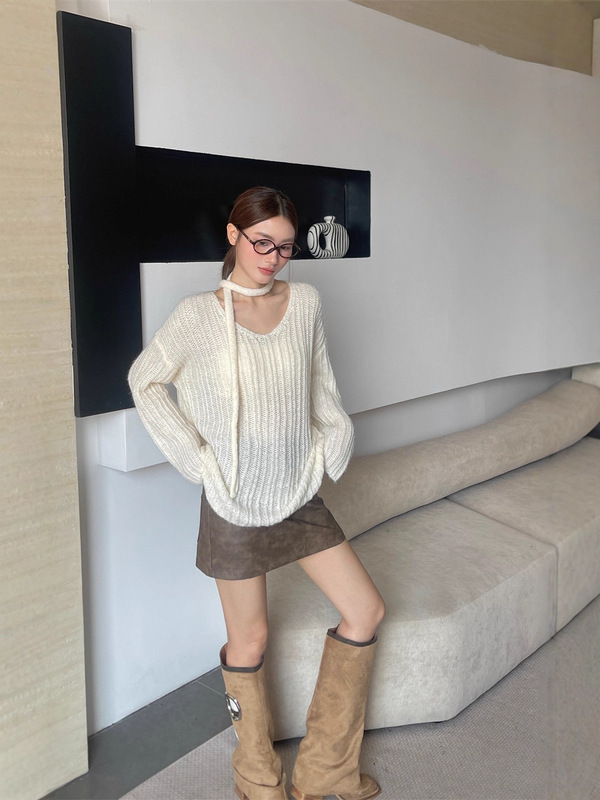 【实拍】飘带羊毛针织衫V领毛衣女宽松气质上衣春秋季薄款慵懒风|undefined