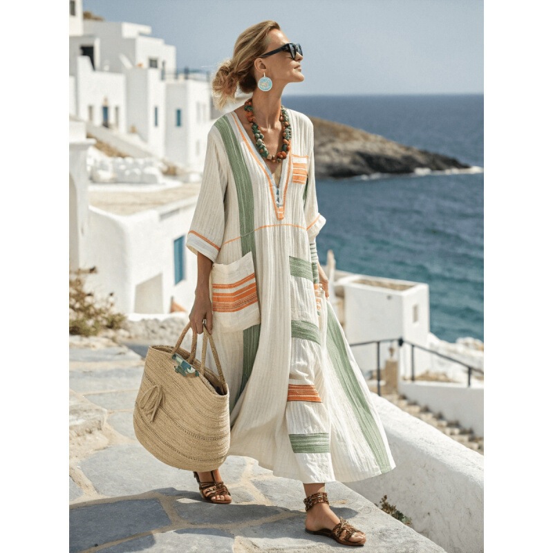 Cross-border European and American Kaftan Dress with 3D Digital Print, V-neck, Three-Quarter Sleeves, and Pockets, Amazon Foreign Trade Dress