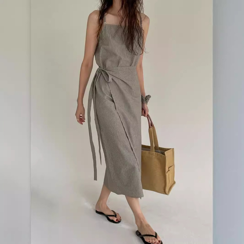 South Korea Chic Summer New French Niche Designer Irregular Casual Fashionable Strap Striped dress