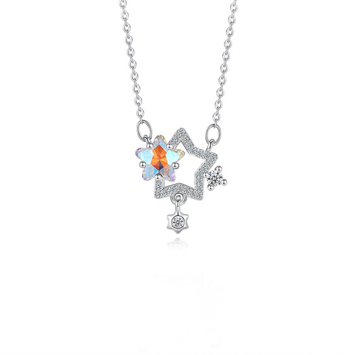 Titanium steel fashionable temperament five-pointed star rhinestone necklace for women, colorful titanium steel ultra-bright zirconia tassel pendant choker