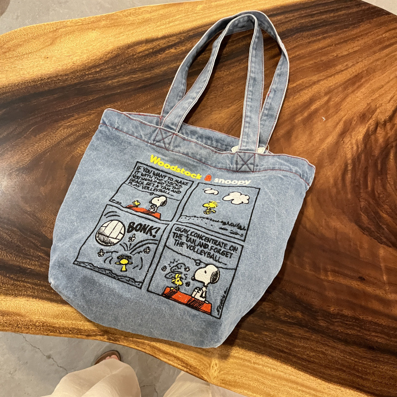 Japanese Style Cute Embroidered Snoopy Shoulder Bag Vintage All-match Denim Bag Large Capacity Tote Bag Portable commuter Bag