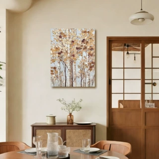 Hand Painted Birch Tree Oil Painting 厚肌理金叶白桦林油画
