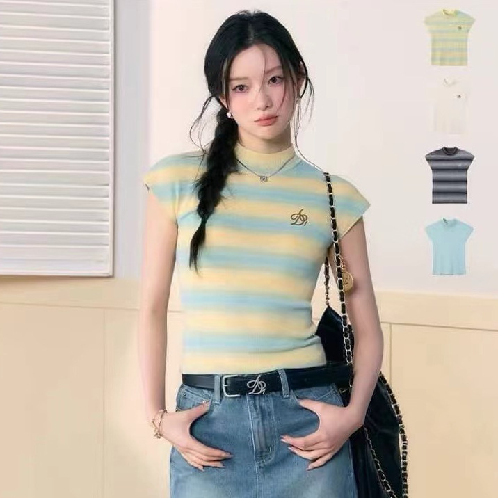 Small Flying Sleeve Striped Half High Collar Shoulder Short Sleeve Ice Silk Knitwear Summer Flying Sleeve Slim-fit Short Top