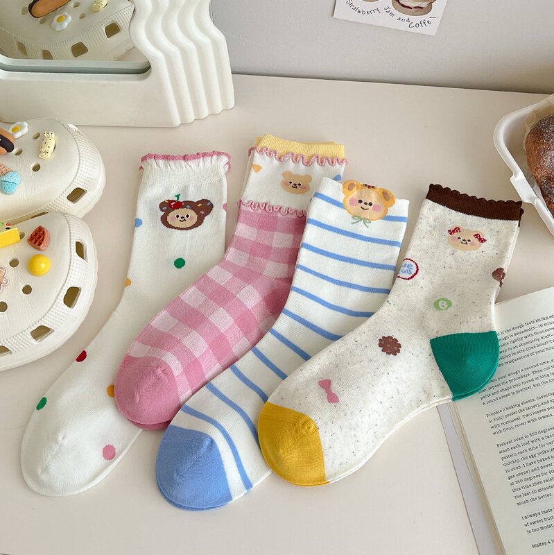 Alice & Andy Autumn and Winter New Butter Bear Colorfulful Mid-Calf Socks Horizontal Stripes Polka Dot Embroidered Trendyy Women's Cotton Socks