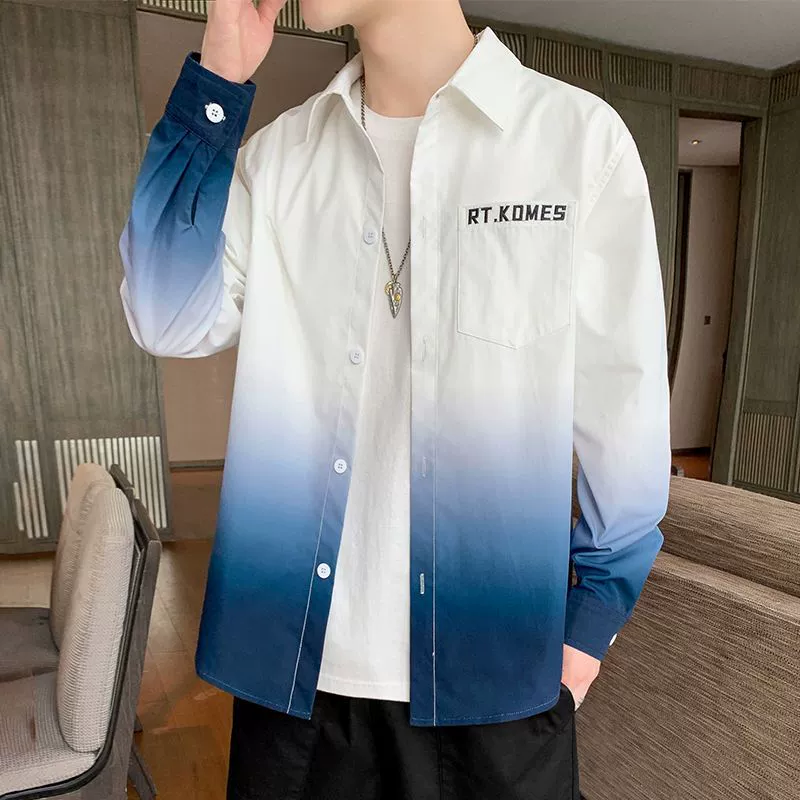 Рубашка с градиентным изменением цвета мужская с длинными рукавами весной и летом новая корейская версия повседневного молодежного дикого прилива рыхлый солнцезащитный крем
