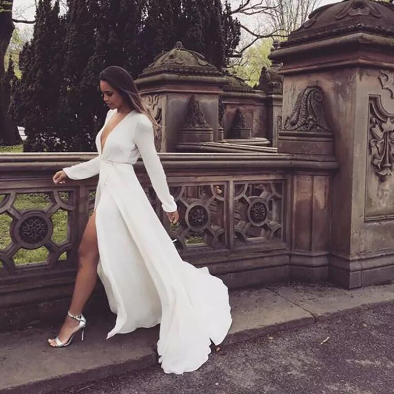Comercio exterior europeo y americano Amazon AliExpress deseo nuevo vestido de boda vestido de noche sexy profundo V split manga larga personalizable