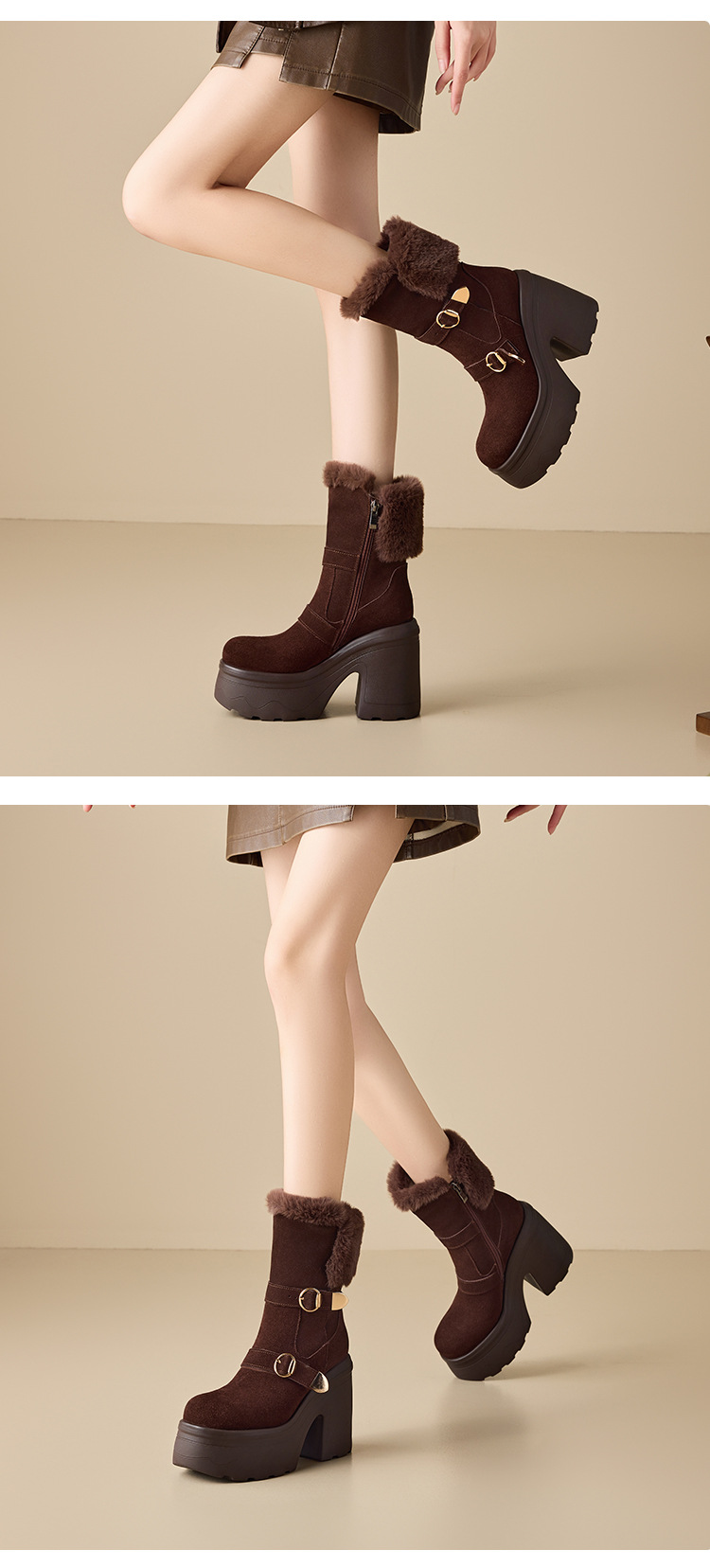 Boot nữ cổ cao ôm bắp chân đế dày 12 cm mũi tròn khóa thắt lưng — nhung nâu chi tiết 3