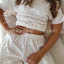 跨境TEMU碎花木耳边圆领短袖短裤休闲宽松睡衣家居服套装女可外穿