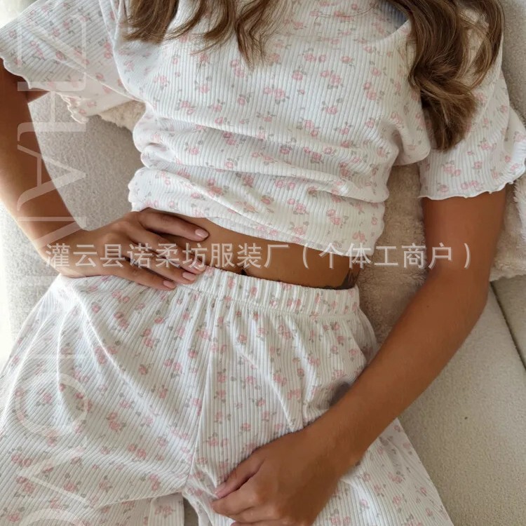 Cross-border TEMU floral print, ruffled trim, round-neck, short-sleeved, short-pants, casual, loose-fitting pajama set for women, suitable for wearing as outerwear Cross-border TEMU floral print, ruffled trim, round-neck, short-sleeved, short-pants, casual, loose-fitting pajama set for women, suitable for wearing as outerwear