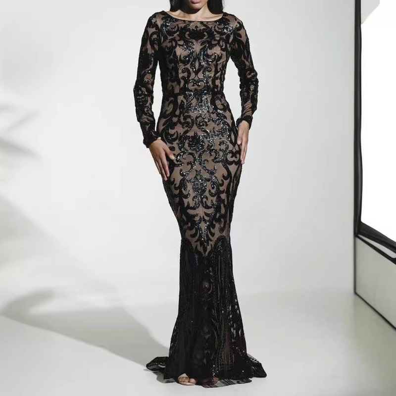 2025 European and American Cross-Border Amazon Aliexpress Long-Sleeved Sequined Long Dress Banquet Dinner Dress