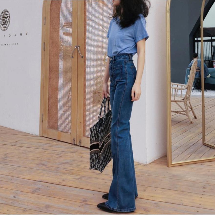 French high waist blue flare jeans women's slim pants 2025 autumn new elastic micro-pants fleece-lined