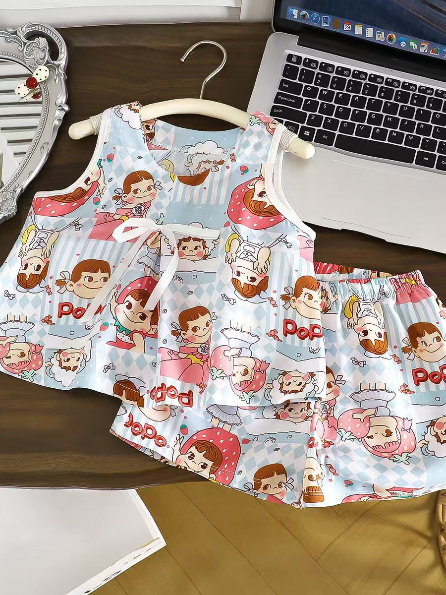 Nuevo chaleco de seda de niñas set de hogar verano cómodo chaleco de arco de cinta fresco pantalones cortos delgados sin
