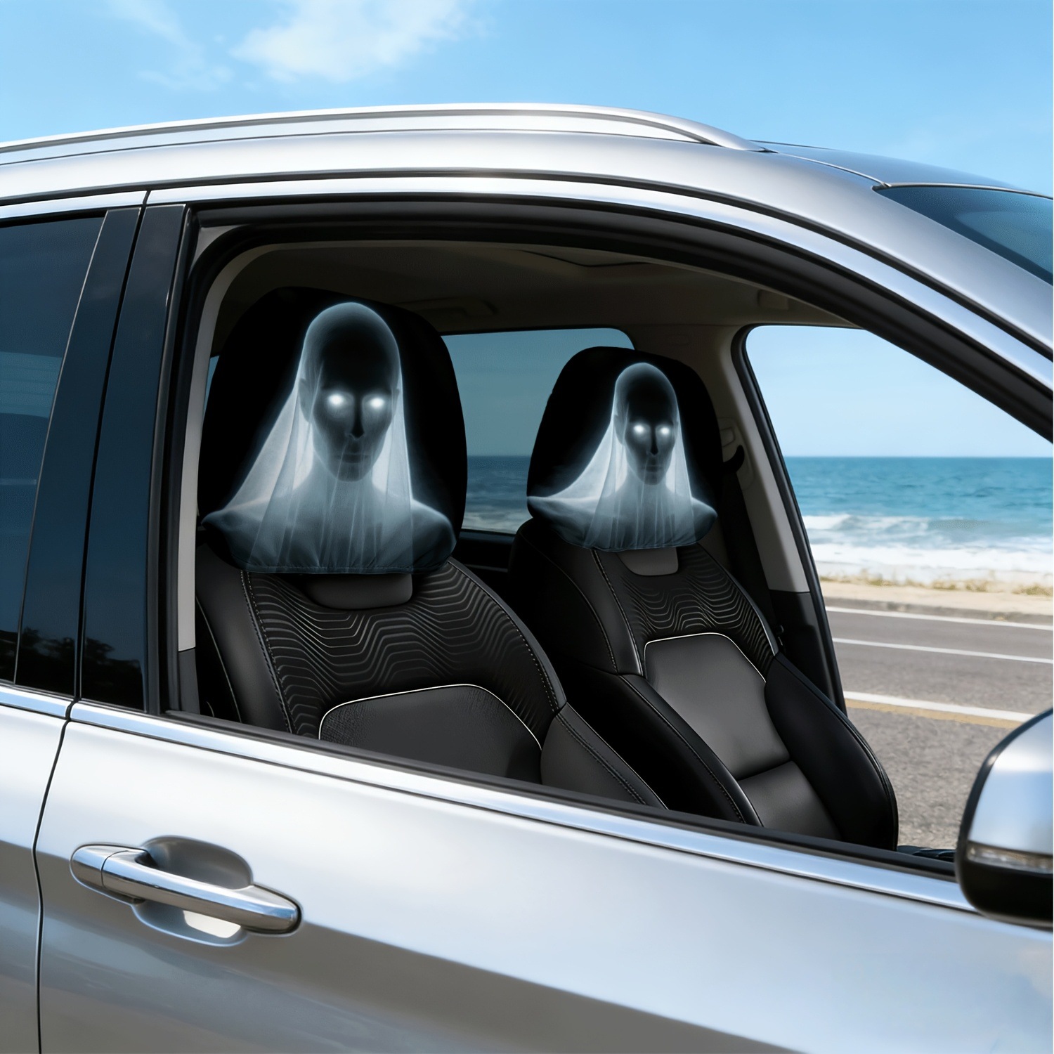 Car Headrest Cover with Ghost Bride and Glowing Eyes, Personalized Print, Universal for Car Interiors, Can Be Labeled and Shipped on Behalf of Others, Made According to Your Image