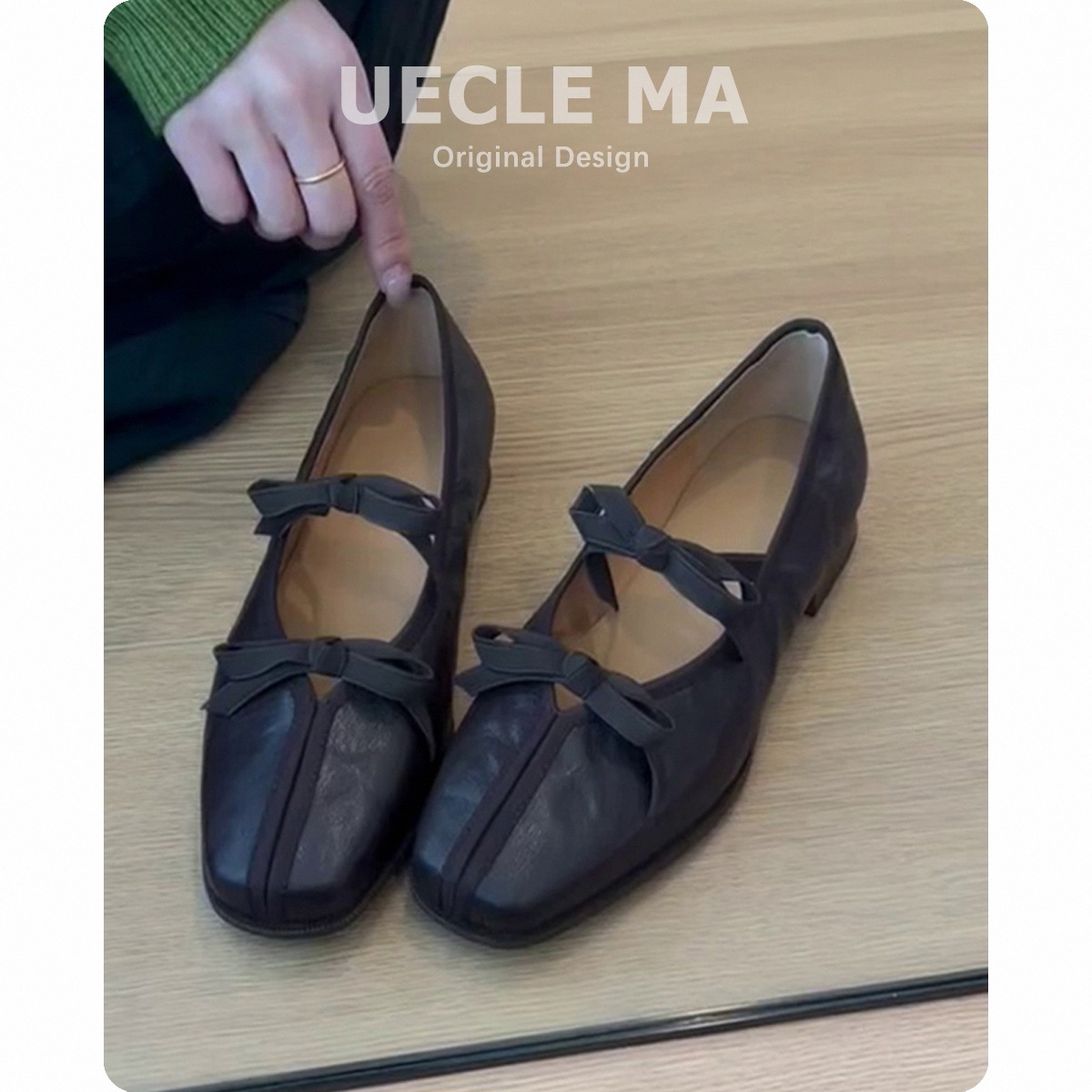 Dam ballerinaskor i äkta läder med rosett i retro stil_voghion.com