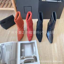 2025外贸新款秋冬尖头短筒细跟高跟短靴百搭圣时髦真皮高跟短靴女