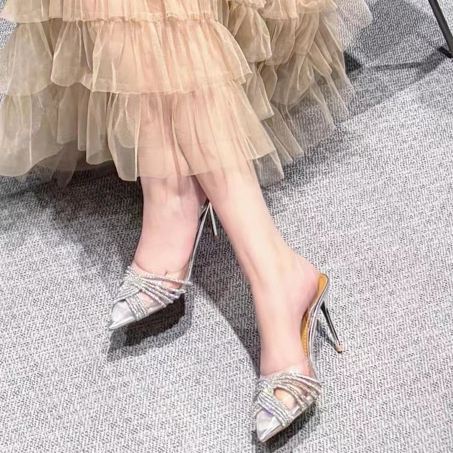 Silver Rhinestone High Heels Transparent Stiletto Mules Closed Toe Crystal Wedding Shoes Versatile Women's Sandals_voghion.com