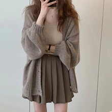 中长款灯笼袖马海毛针织开衫外套女春秋季宽松慵懒薄款披肩外搭上
