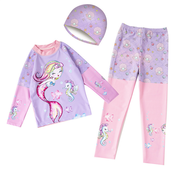 Traje de baño para niños de manga larga para niñas pequeño mediano y grande de una pieza de protección solar de dibujos animados bañador estudiante Hot Spring traje de baño de secado rápido al por mayor