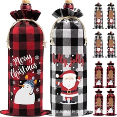クリスマスの格子のワインの束のポケットのセットのシャンパンの綿の麻の布のロープを引いて贈り物のプレゼントの袋を包装して卸売りします。