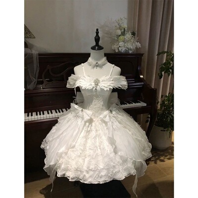 飛羽飄零時白色小花嫁Lolita蓬蓬公主裙jsk芭蕾風生日禮服蛋糕裙