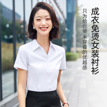 女士纯色V领短袖衬衫夏季职业装免烫衬衣正装面试工作服定绣LOGO