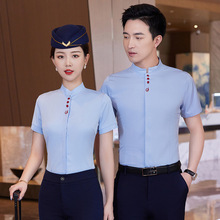 男女短袖衬衫立领中式职业工装酒店餐厅服务员茶楼白色衬衣工作服