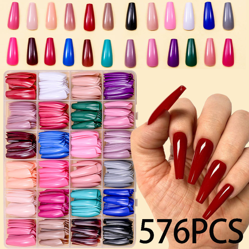Cross-Border 576 Pieces 24 Colors Glossy Wearable Nails Medium and Long Manicure Fake Nails Pure Color Square Short Patch Nails Wholesale