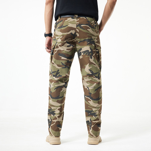 Summer Elastic Tactical Casual Work Pants with Multiple Pockets Straight Leg Trendy Men's Camouflage Casual Pants 2215A