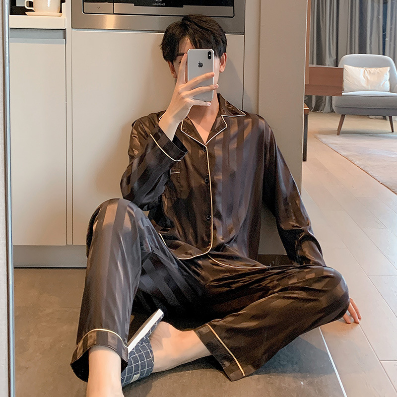 2025 pijamas nuevos para hombre, primavera y otoño, manga larga, seda helada, talla grande, conjunto de dos piezas, ropa fina de seda para el hogar de verano