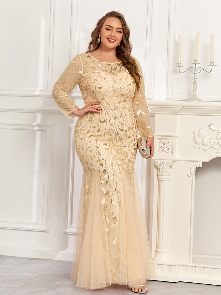 Vestido de noche bordado de talla grande, estilo europeo y americano, superventas transfronterizo 2026, de manga larga, cuello redondo, totalmente forrado, con cremallera trasera y corte de cola de pez.