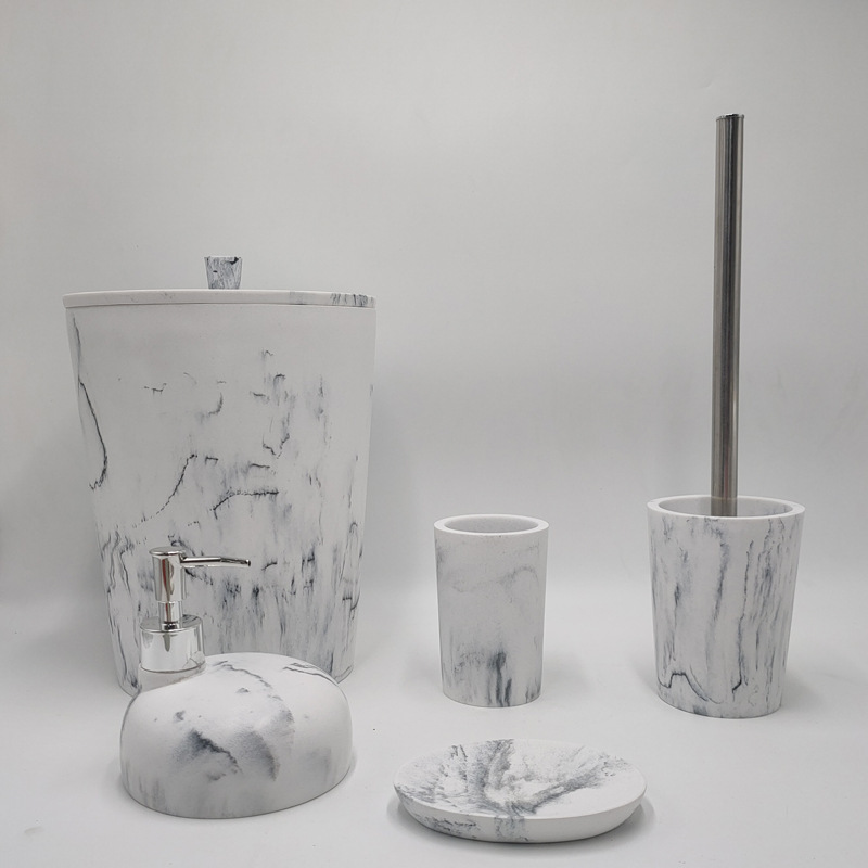 Factory direct Turkish style bathroom marble pattern five-piece bathroom hotel supplies with lid trash can