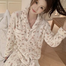 卡通郁金奶兔大码睡衣女冬季加厚加绒珊瑚绒翻领家居服可外穿批发