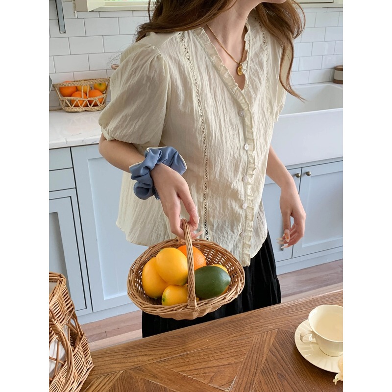 3Th Morning Gentle Jasmine Lace V-Neck Hollow Short Sleeve Shirt Zy4200