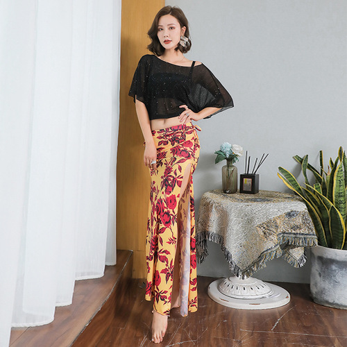 Belly dance elastic new two-piece suit mesh sexy long skirt oriental dance clothing practice clothing performance clothing for women