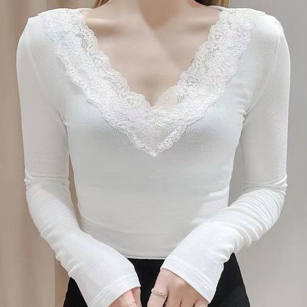 法式V领蕾丝打底衫女秋冬季新款洋气性感内搭时尚黑白T恤修身上衣