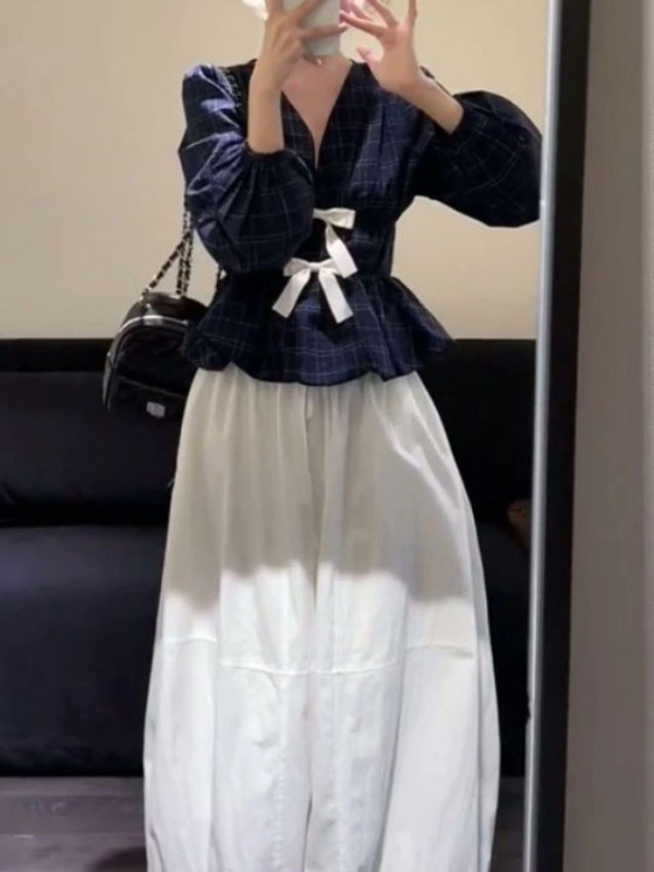 早秋新款韩系穿搭蝴蝶结收腰格纹长袖上衣气质高腰花苞半身裙|undefined